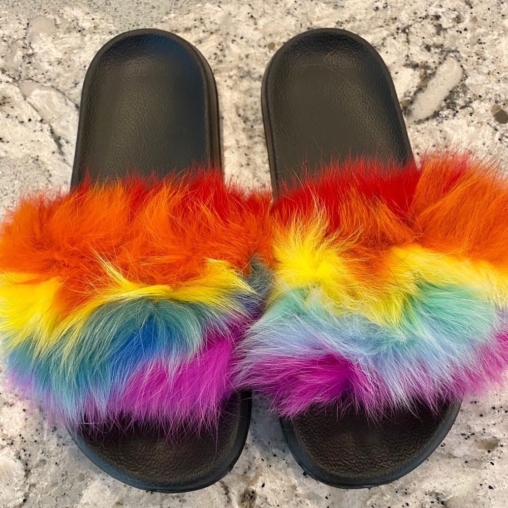 Real Fox Fur Rainbow Slides Luxe Brand New
